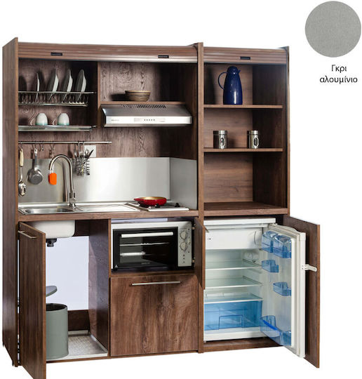 Silver K190 K190-FOU-GRE-Aluminum Kitchenette with Right Sink Bowl 190x65x209cm Gray Aluminum with Small Refrigerator