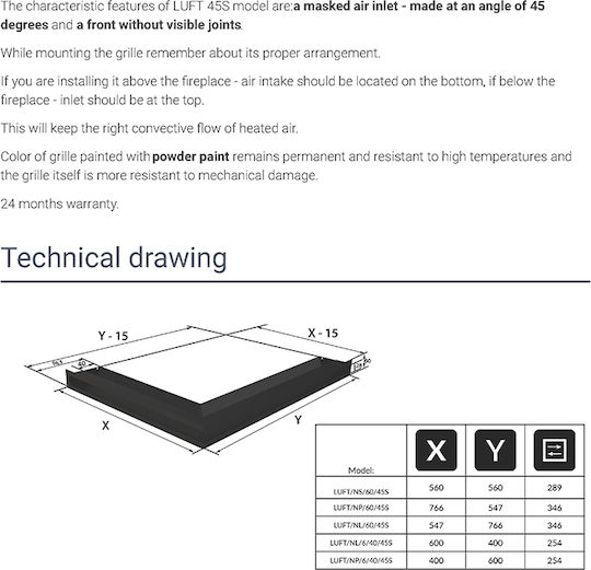 Kratki Corner Fireplace Air Shutter Black 40x60x6cm