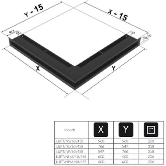 Kratki Corner Fireplace Air Shutter Black 76.6x54.7x9cm