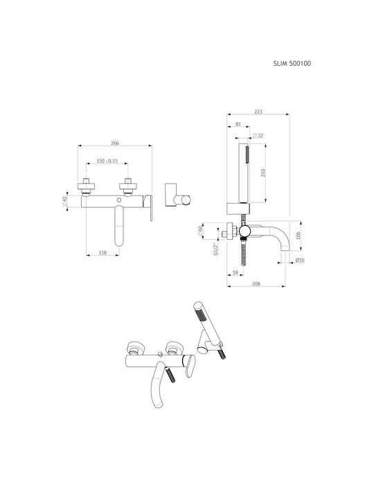 Armando Vicario Slim Mixing Bathtub Shower Faucet Complete Set Black