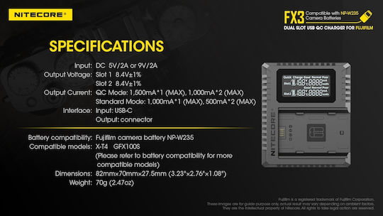 NiteCore Διπλός Φορτιστής Μπαταρίας FX3 Συμβατός με Fujifilm