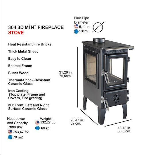 Caliskan 304-3D Oțel Soba pe lemne 7.2kW Gri