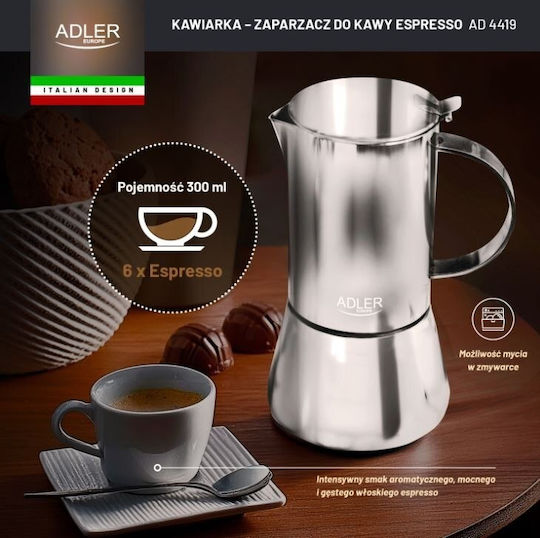 Adler Stovetop Espresso Pot for 6 Cups Inox Brown