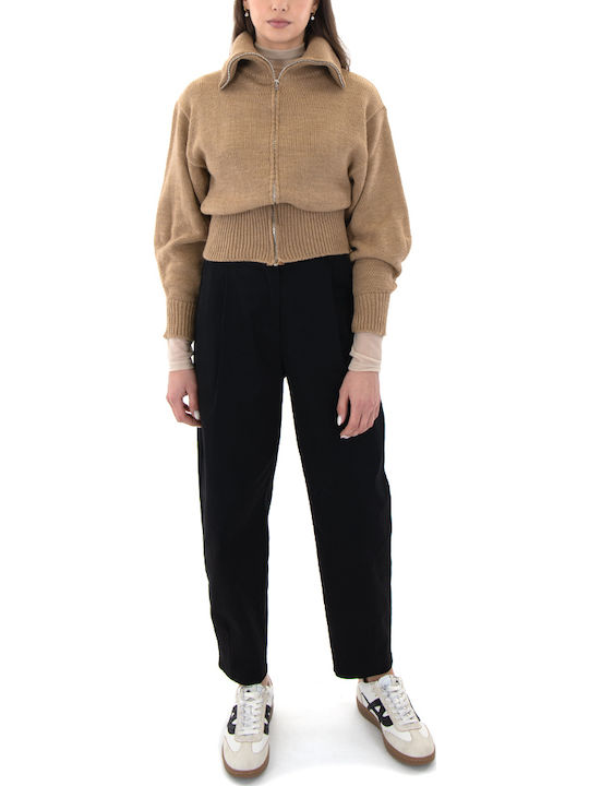 Short Women's Knitted Cardigan with Zipper Brown