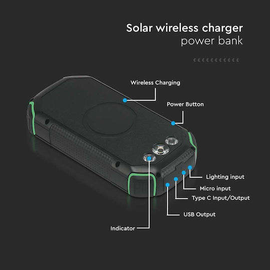V-TAC Solar Power Bank 30000mAh 10W with USB-A Port and USB-C Port Black