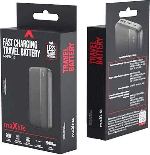 Maxlife MXPB-02 Power Bank 20000mAh 20W με Θύρα USB-A και 2 Θύρες USB-C Power Delivery Μαύρο