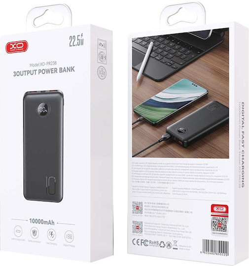 XO PR238 Power Bank 10000mAh 20W with 2 USB-A Ports and USB-C Port Quick Charge 2.0 / Quick Charge 3.0 Black