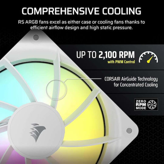 Corsair RS120 Case Fan (2100rpm / 72.8cfm) with ARGB Lighting and 4-Pin PWM Connection 3pcs White