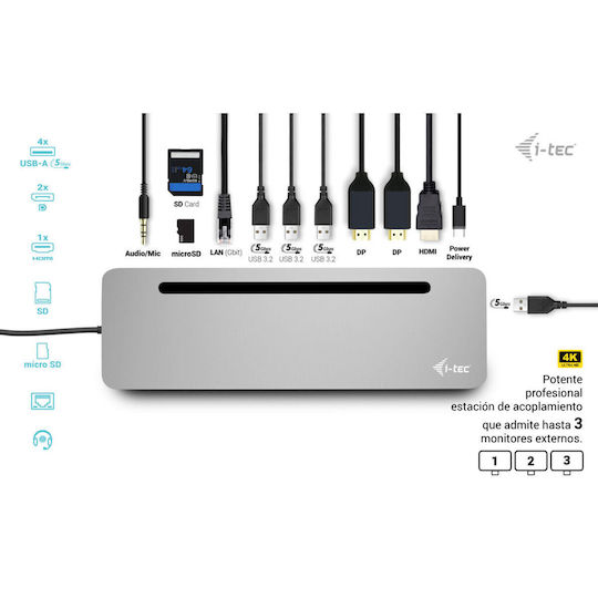 i-tec USB-C Stație de andocare cu HDMI/DisplayPort 4K PD Ethernet și conexiune 3 monitoare Gri (C31FLAT2PDPRO)