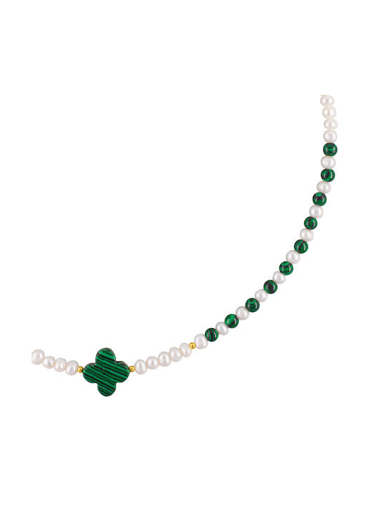 Necklace K14 Gold Elements Pearls Malachite F125616