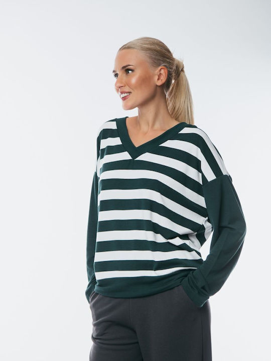 Women's Blouse with V Neckline Striped Green