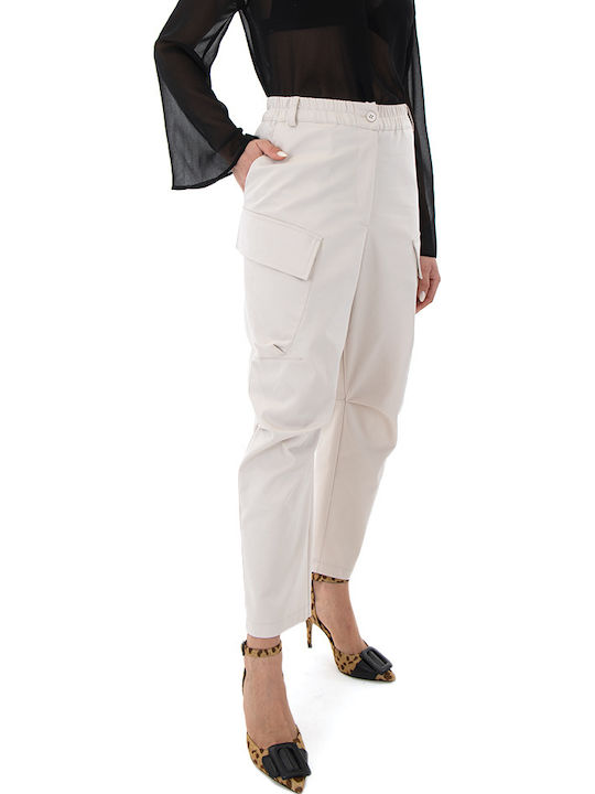 Women's High-waisted Fabric Cargo Trousers Ecru