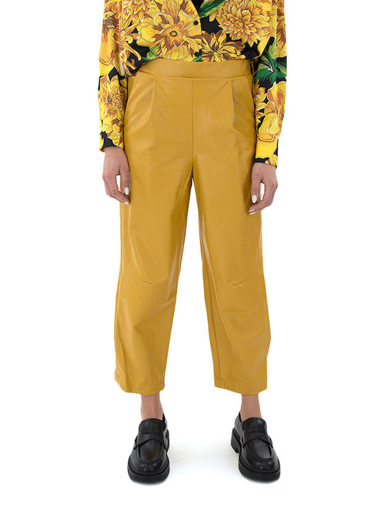 MY T Women's High-waisted Leather Trousers Yellow (mustard)