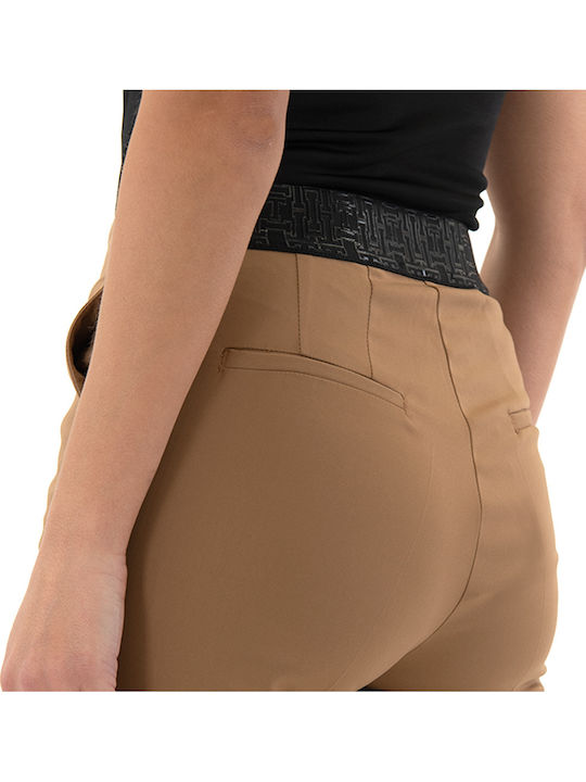 Pants Women My T Wearables Women's High-waisted Capri Chino Trousers Slim Fit Camel