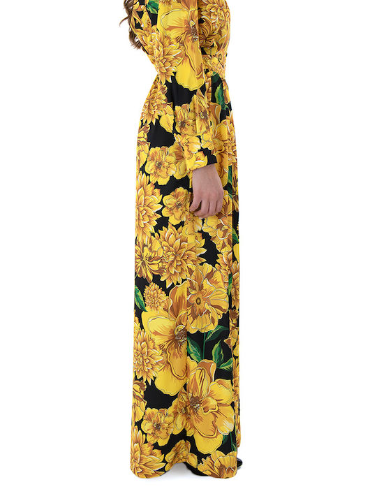 MY T Women's High-waisted Satin Trousers with Elastic Floral Yellow-black-green