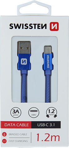 Swissten Плетена USB 2.0 Кабел USB-C мъжки - USB-A мъжки Син 1.2м