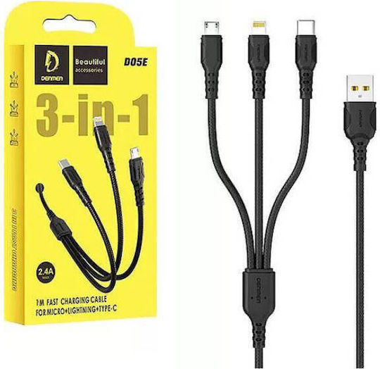 Denmen Denmen D05E Braided USB to Lightning / Type-C / micro USB 1m 2.4A Cable Black Velvet-Black Metal