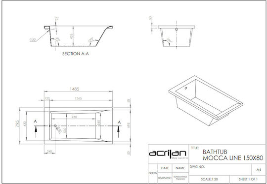 Acrilan Mocca Line Μπανιέρα Ακρυλική 150x80cm