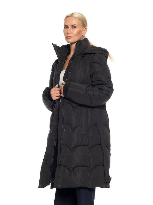 Splendid Women's Long Lifestyle Jacket for Winter with Detachable Hood Black