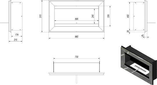 Kratki Charlie Tuv Indoor Wall Mounted Bioethanol Fireplace Black 88x21.5x51cm