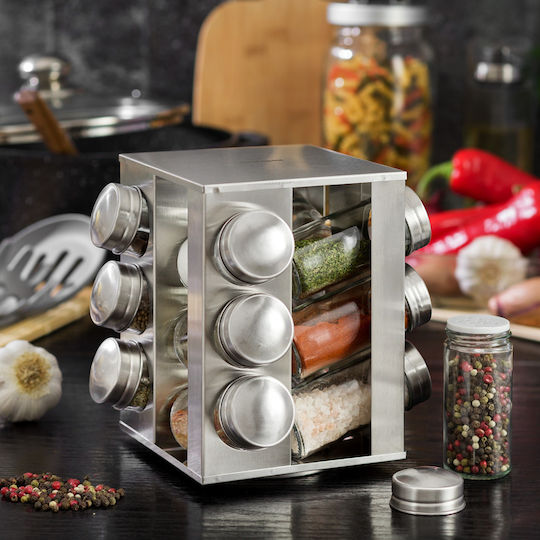 KING Hoff Metallic Tabletop Rotating Spice Rack Silver 13pcs