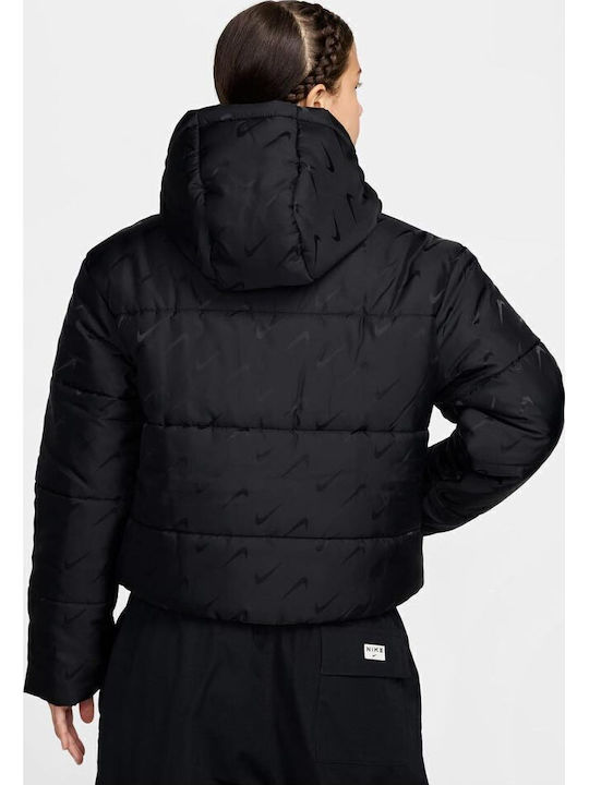 Sportswear Women's Crop Sports Jacket Waterproof for Winter with Hood Black