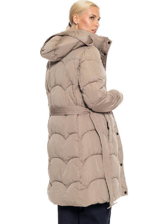 Μακρύ Γυναικείο Μπουφάν για Χειμώνα Dk Beige
