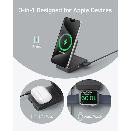 Anker Φορτιστής Magsafe 15W Μαύρος (MagGo 3-in-1 Foldable)