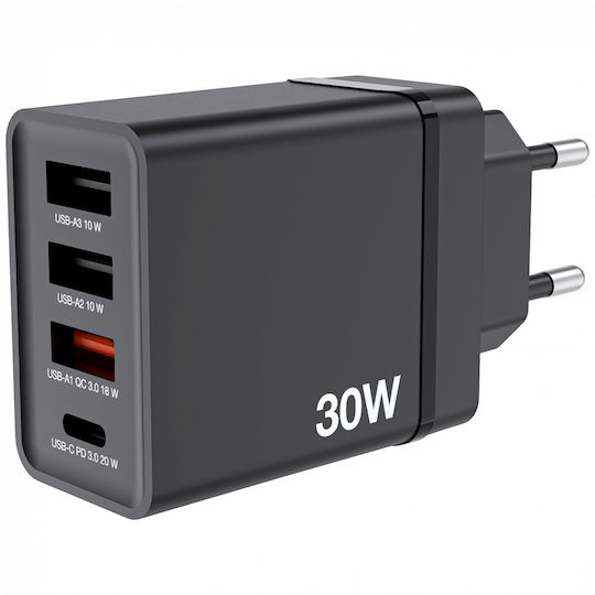 Verbatim Φορτιστής Χωρίς Καλώδιο GaN με 3 Θύρες USB-A και Θύρα USB-C 30W Power Delivery / Quick Charge 3.0 Μαύρος (CHR-30EU1)