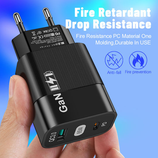 Techsuit Charger Without Cable GaN with USB-A Port and USB-C Port 65W Blacks (BK397)
