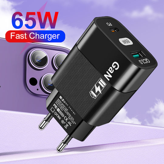 Techsuit Charger Without Cable GaN with USB-A Port and USB-C Port 65W Blacks (BK397)