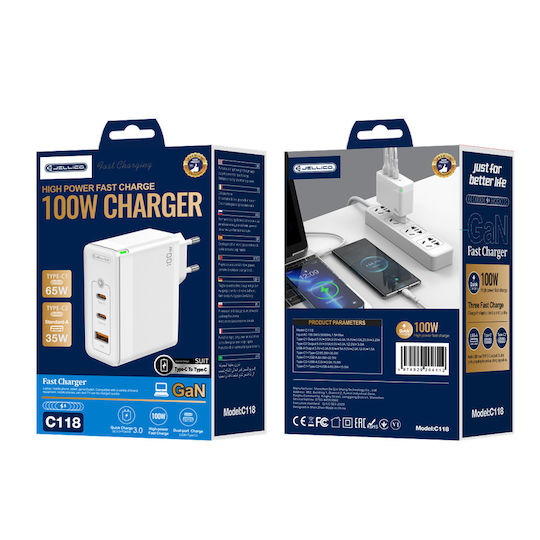 Jellico Charger GaN with USB-A Port and 2 USB-C Ports and Cable USB-C - USB-C 100W Power Delivery / Quick Charge 3.0 Whites (C118)