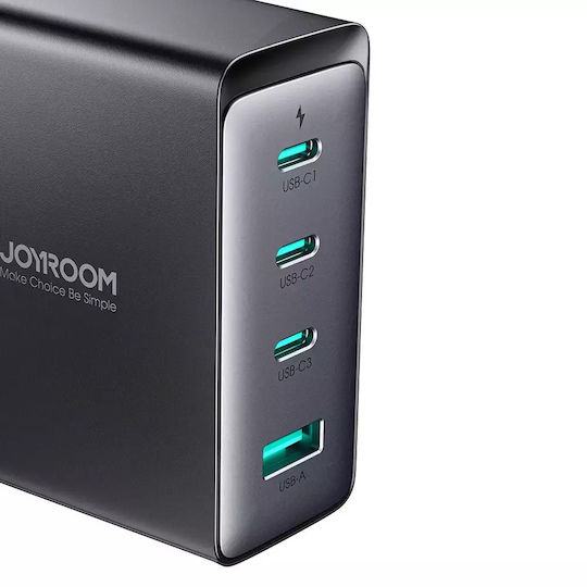Joyroom Charger GaN with USB-A Port and 3 USB-C Ports and Cable USB-C 140W Power Delivery Blacks (JR-TCG05UK)