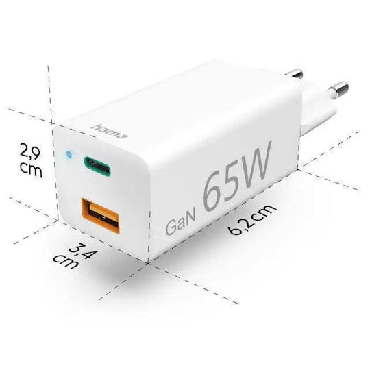 HAMA Зарядно без кабел GaN (Галуниев нитрид) с USB-A порт и USB-C порт 65W Доставка на енергия Бял (00201643)