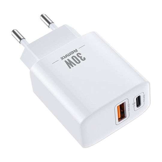 Remax Ladegerät ohne Kabel mit USB-A Anschluss und USB-C Anschluss 30W Stromlieferung Weißs (RP-U82)