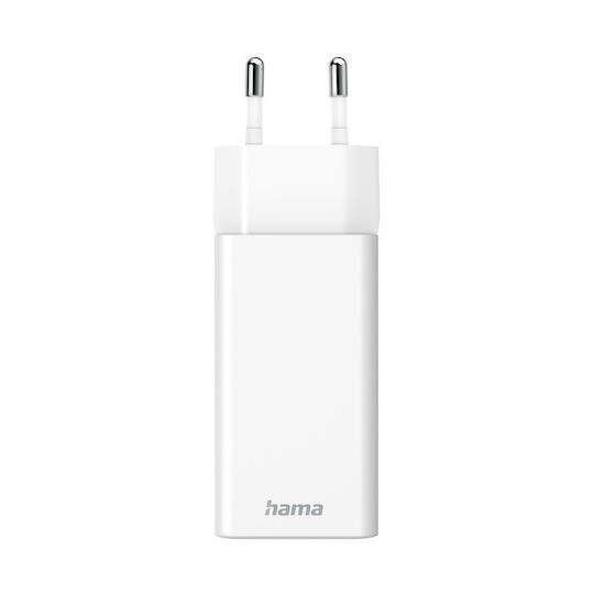 HAMA Зарядно без кабел GaN (Галуниев нитрид) с USB-A порт и USB-C порт 65W Доставка на енергия Бял (00201643)