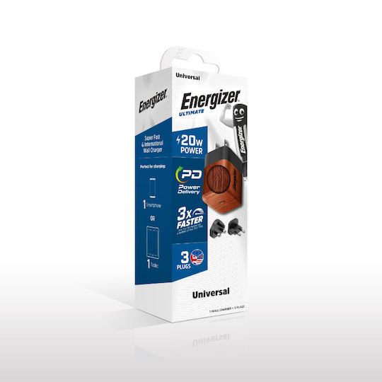 Energizer Energizer Handyladegerät Ohne Kabel GaN mit USB-C Ausgangsanschluss 20W Stromlieferung Walnut Burl (A20MU)