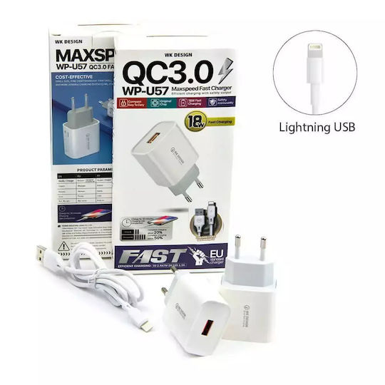 WK Φορτιστής με Θύρα USB-A και Καλώδιο Lightning 18W Quick Charge 3.0 Λευκός (WP-U57)