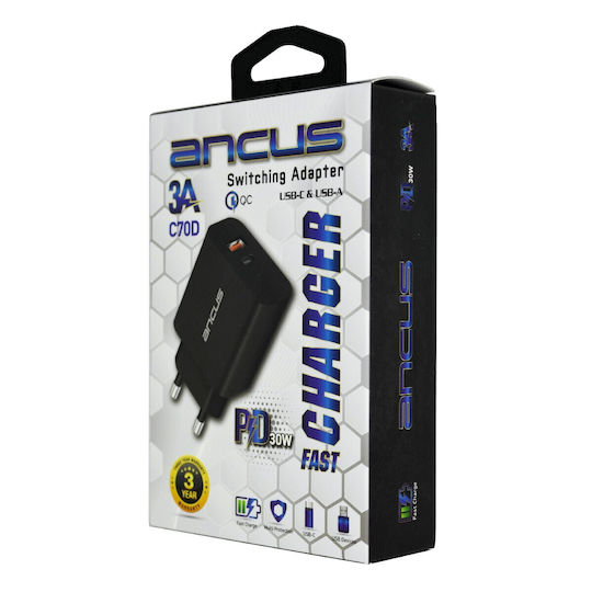 Ancus Φορτιστής Χωρίς Καλώδιο με Θύρα USB-A και Θύρα USB-C 30W Power Delivery / Quick Charge 3.0 Μαύρος (C70D)
