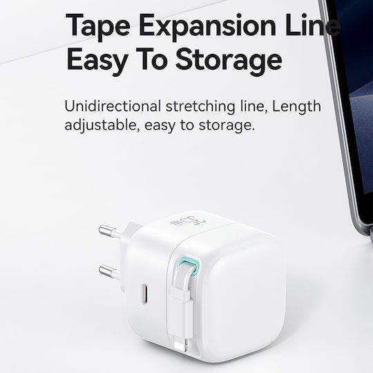 Usams Φορτιστής GaN με Θύρα USB-C και Καλώδιο Lightning 35W Power Delivery Λευκός (CC209TC02)