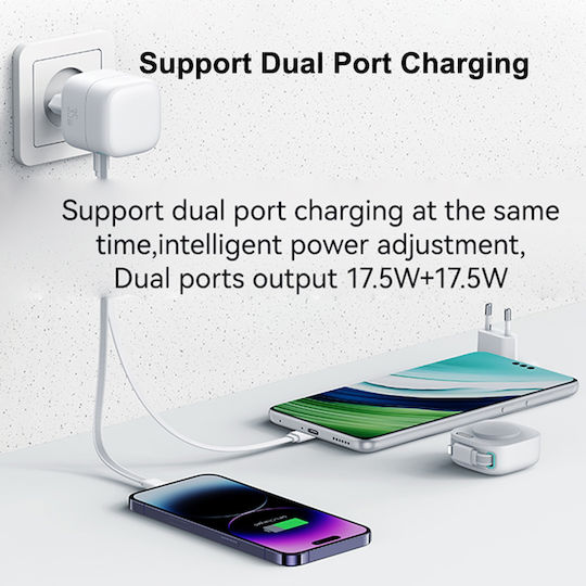 Usams Φορτιστής GaN με Θύρα USB-C και Καλώδιο Lightning 35W Power Delivery Λευκός (CC209TC02)