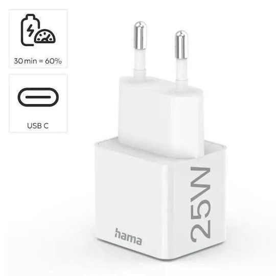 HAMA Charger Without Cable with USB-C Port 25W Quick Charge 3.0 Whites (00201652)