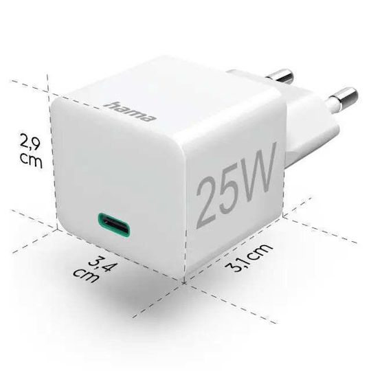 HAMA Charger Without Cable with USB-C Port 25W Quick Charge 3.0 Whites (00201652)