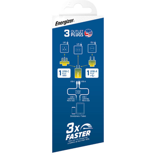 Energizer Φορτιστής Χωρίς Καλώδιο GaN με Θύρα USB-A και Θύρα USB-C 38W Power Delivery / Quick Charge 3.0 Ασημί (A38QMU)