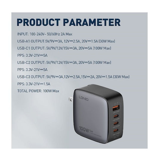 Ldnio Charger GaN with USB-A Port and 3 USB-C Ports and Cable USB-C - USB-C 100W Power Delivery / Quick Charge 3.0 Blacks (Q408 US)