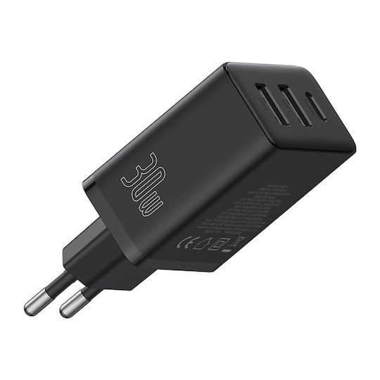 Baseus Wireless Charger GaN With 2 USB-A Output Ports And USB-C Output Port 30W Power Delivery Black Wall Charger Cube