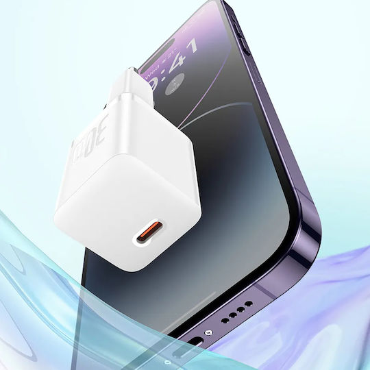 Baseus GaN с USB-C порт и кабел USB-C - USB-C 30W Moon White (Gan5)