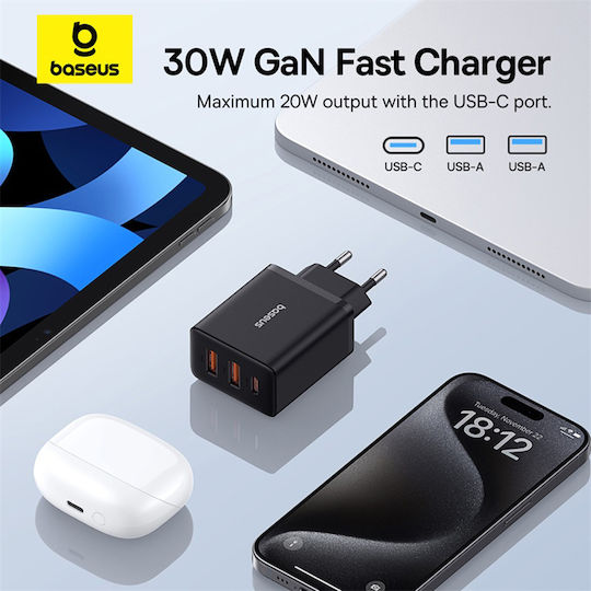 Baseus Wireless Charger GaN With 2 USB-A Output Ports And USB-C Output Port 30W Power Delivery Black Wall Charger Cube