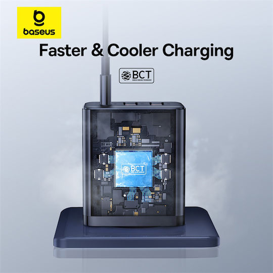 Baseus Wireless Charger GaN With 2 USB-A Output Ports And USB-C Output Port 30W Power Delivery Black Wall Charger Cube