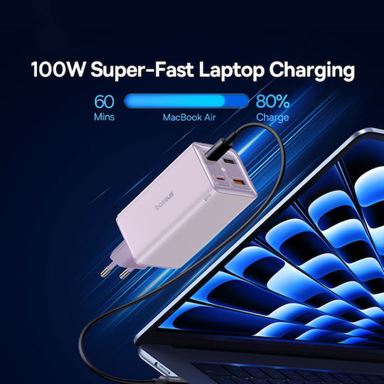 Baseus Ladegerät GaN mit 2 USB-A Anschlüsse und 2 USB-C Anschlüsse und Kabel USB-C - USB-C 100W Lila (P10162705532-00)